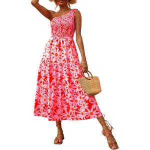 imageBTFBM 2025 Summer One Shoulder Dresses for Women Casual Sleeveless High Waist Floral Flowy Smocked Boho Beach Maxi DressFloral Red