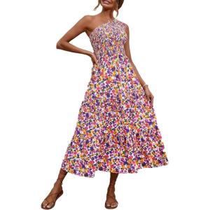 imageBTFBM 2025 Summer One Shoulder Dresses for Women Casual Sleeveless High Waist Floral Flowy Smocked Boho Beach Maxi DressFloral White Purple
