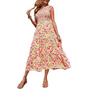 imageBTFBM 2025 Summer One Shoulder Dresses for Women Casual Sleeveless High Waist Floral Flowy Smocked Boho Beach Maxi DressFloral White Red