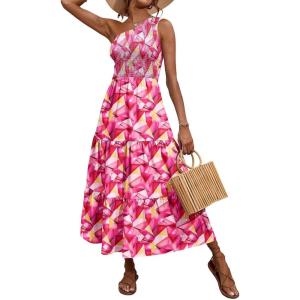 imageBTFBM 2025 Summer One Shoulder Dresses for Women Casual Sleeveless High Waist Floral Flowy Smocked Boho Beach Maxi DressGeometry Red