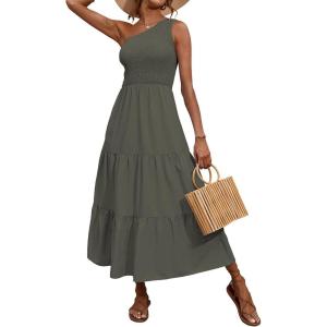 imageBTFBM 2025 Summer One Shoulder Dresses for Women Casual Sleeveless High Waist Floral Flowy Smocked Boho Beach Maxi DressSolid Army Green