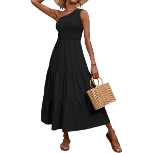 imageBTFBM 2025 Summer One Shoulder Dresses for Women Casual Sleeveless High Waist Floral Flowy Smocked Boho Beach Maxi DressSolid Black