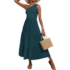 imageBTFBM 2025 Summer One Shoulder Dresses for Women Casual Sleeveless High Waist Floral Flowy Smocked Boho Beach Maxi DressSolid Grey Blue