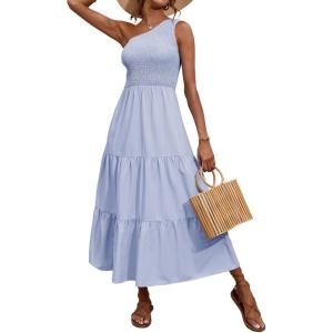 imageBTFBM 2025 Summer One Shoulder Dresses for Women Casual Sleeveless High Waist Floral Flowy Smocked Boho Beach Maxi DressSolid Light Blue