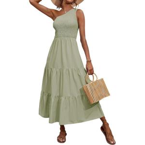 imageBTFBM 2025 Summer One Shoulder Dresses for Women Casual Sleeveless High Waist Floral Flowy Smocked Boho Beach Maxi DressSolid Light Green