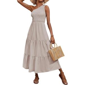 imageBTFBM 2025 Summer One Shoulder Dresses for Women Casual Sleeveless High Waist Floral Flowy Smocked Boho Beach Maxi DressSolid Light Khaki