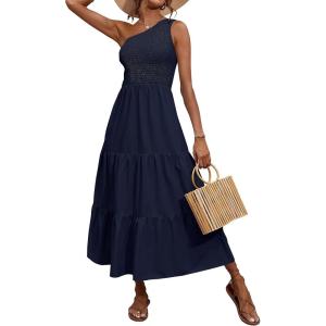 imageBTFBM 2025 Summer One Shoulder Dresses for Women Casual Sleeveless High Waist Floral Flowy Smocked Boho Beach Maxi DressSolid Navy