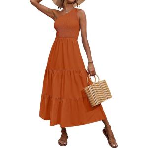 imageBTFBM 2025 Summer One Shoulder Dresses for Women Casual Sleeveless High Waist Floral Flowy Smocked Boho Beach Maxi DressSolid Orange