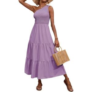 imageBTFBM 2025 Summer One Shoulder Dresses for Women Casual Sleeveless High Waist Floral Flowy Smocked Boho Beach Maxi DressSolid Purple