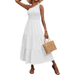 imageBTFBM 2025 Summer One Shoulder Dresses for Women Casual Sleeveless High Waist Floral Flowy Smocked Boho Beach Maxi DressSolid White
