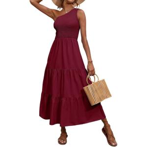 imageBTFBM 2025 Summer One Shoulder Dresses for Women Casual Sleeveless High Waist Floral Flowy Smocked Boho Beach Maxi DressSolid Wine Red