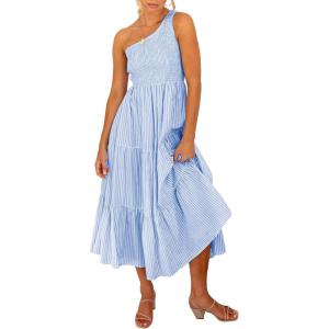 imageBTFBM 2025 Summer One Shoulder Dresses for Women Casual Sleeveless High Waist Floral Flowy Smocked Boho Beach Maxi DressStriped Blue