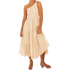 imageBTFBM 2025 Summer One Shoulder Dresses for Women Casual Sleeveless High Waist Floral Flowy Smocked Boho Beach Maxi DressStriped Orange Yellow
