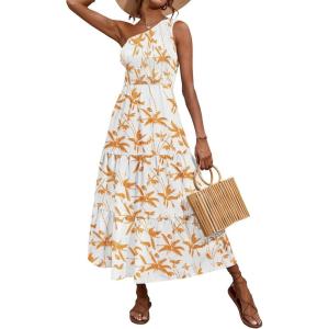 imageBTFBM 2025 Summer One Shoulder Dresses for Women Casual Sleeveless High Waist Floral Flowy Smocked Boho Beach Maxi DressTree Yellow White