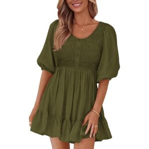 imageBTFBM Women Casual Summer Smocked Dresses 2025 Crew Neck Puff Short Sleeve Empire Waist ALine Beach Vacation Mini DressArmy Green