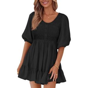 imageBTFBM Women Casual Summer Smocked Dresses 2025 Crew Neck Puff Short Sleeve Empire Waist ALine Beach Vacation Mini DressBlack