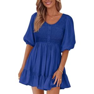 imageBTFBM Women Casual Summer Smocked Dresses 2025 Crew Neck Puff Short Sleeve Empire Waist ALine Beach Vacation Mini DressBlue