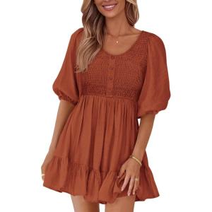 imageBTFBM Women Casual Summer Smocked Dresses 2025 Crew Neck Puff Short Sleeve Empire Waist ALine Beach Vacation Mini DressBrick Red