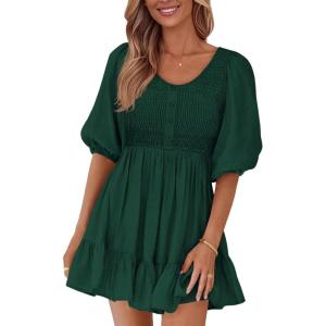 imageBTFBM Women Casual Summer Smocked Dresses 2025 Crew Neck Puff Short Sleeve Empire Waist ALine Beach Vacation Mini DressGreen