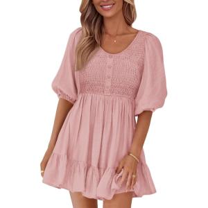 imageBTFBM Women Casual Summer Smocked Dresses 2025 Crew Neck Puff Short Sleeve Empire Waist ALine Beach Vacation Mini DressPink