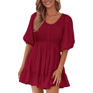 imageBTFBM Women Casual Summer Smocked Dresses 2025 Crew Neck Puff Short Sleeve Empire Waist ALine Beach Vacation Mini DressRed