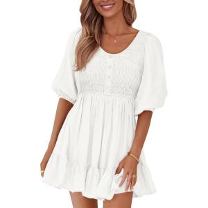 imageBTFBM Women Casual Summer Smocked Dresses 2025 Crew Neck Puff Short Sleeve Empire Waist ALine Beach Vacation Mini DressWhite