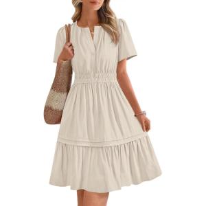 imageBTFBM Womens Casual V Neck Dresses 2025 Summer Spring Short Sleeve Sundress Smocked Waist A Line Tiered Mini DressApricot