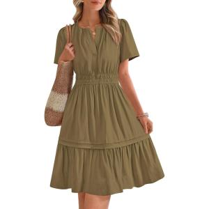 imageBTFBM Womens Casual V Neck Dresses 2025 Summer Spring Short Sleeve Sundress Smocked Waist A Line Tiered Mini DressArmy Green