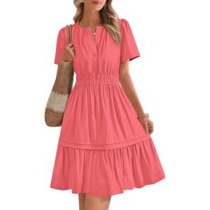 imageBTFBM Womens Casual V Neck Dresses 2025 Summer Spring Short Sleeve Sundress Smocked Waist A Line Tiered Mini DressBean Paste Red