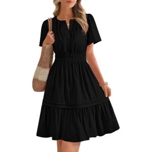 imageBTFBM Womens Casual V Neck Dresses 2025 Summer Spring Short Sleeve Sundress Smocked Waist A Line Tiered Mini DressBlack