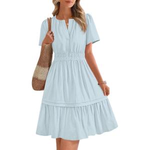imageBTFBM Womens Casual V Neck Dresses 2025 Summer Spring Short Sleeve Sundress Smocked Waist A Line Tiered Mini DressLight Blue
