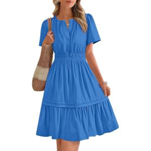 imageBTFBM Womens Casual V Neck Dresses 2025 Summer Spring Short Sleeve Sundress Smocked Waist A Line Tiered Mini DressRoyal Blue