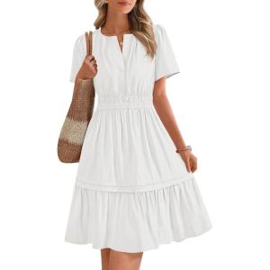 imageBTFBM Womens Casual V Neck Dresses 2025 Summer Spring Short Sleeve Sundress Smocked Waist A Line Tiered Mini DressWhite