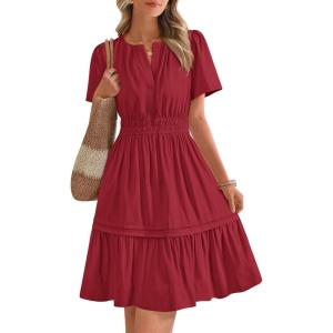 imageBTFBM Womens Casual V Neck Dresses 2025 Summer Spring Short Sleeve Sundress Smocked Waist A Line Tiered Mini DressWine Red