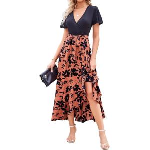 imageBTFBM Womens Maxi Summer Dresses 2025 Short Sleeve V Neck Boho Floral Print Belted High Low Ruffle Party Cocktail DressBig Floral Brown
