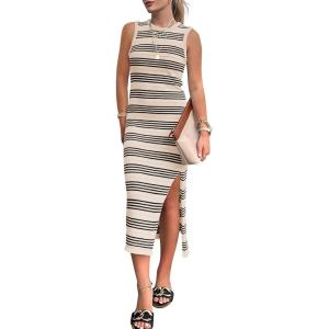 imageBTFBM Womens Sleeveless Summer Dresses 2025 Crew Neck Casual Sundress Hollow Out Side Slit Bodycon Knit Long Tank DressApricot