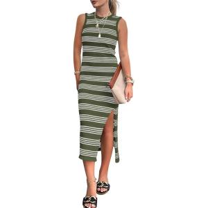imageBTFBM Womens Sleeveless Summer Dresses 2025 Crew Neck Casual Sundress Hollow Out Side Slit Bodycon Knit Long Tank DressArmy Green