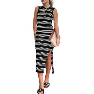 imageBTFBM Womens Sleeveless Summer Dresses 2025 Crew Neck Casual Sundress Hollow Out Side Slit Bodycon Knit Long Tank DressBlack