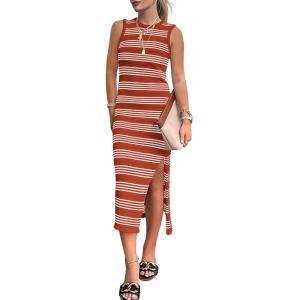 imageBTFBM Womens Sleeveless Summer Dresses 2025 Crew Neck Casual Sundress Hollow Out Side Slit Bodycon Knit Long Tank DressRust Red