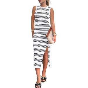 imageBTFBM Womens Sleeveless Summer Dresses 2025 Crew Neck Casual Sundress Hollow Out Side Slit Bodycon Knit Long Tank DressWhite