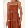 imageBTFBM Boho Summer Dresses 2025 Spaghetti Strap Backless Sundress RIC Rac Trim Tiered ALine Long Casual Vacation DressSolid Brick Red
