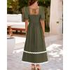 imageBTFBM Women 2025 Summer Square Neck Short Puff Sleeve Dress Casual RIic Rac Tie Back Smocked Wedding Guest Maxi DressesSolid Army Green