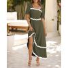 imageBTFBM Women 2025 Summer Square Neck Short Puff Sleeve Dress Casual RIic Rac Tie Back Smocked Wedding Guest Maxi DressesSolid Army Green