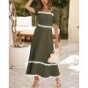 imageBTFBM Women 2025 Summer Square Neck Short Puff Sleeve Dress Casual RIic Rac Tie Back Smocked Wedding Guest Maxi DressesSolid Army Green