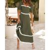 imageBTFBM Women 2025 Summer Square Neck Short Puff Sleeve Dress Casual RIic Rac Tie Back Smocked Wedding Guest Maxi DressesSolid Army Green