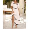 imageBTFBM Women 2025 Summer Square Neck Short Puff Sleeve Dress Casual RIic Rac Tie Back Smocked Wedding Guest Maxi DressesSolid Beige