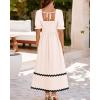 imageBTFBM Women 2025 Summer Square Neck Short Puff Sleeve Dress Casual RIic Rac Tie Back Smocked Wedding Guest Maxi DressesSolid Beige