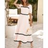 imageBTFBM Women 2025 Summer Square Neck Short Puff Sleeve Dress Casual RIic Rac Tie Back Smocked Wedding Guest Maxi DressesSolid Beige