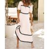 imageBTFBM Women 2025 Summer Square Neck Short Puff Sleeve Dress Casual RIic Rac Tie Back Smocked Wedding Guest Maxi DressesSolid Beige