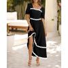 imageBTFBM Women 2025 Summer Square Neck Short Puff Sleeve Dress Casual RIic Rac Tie Back Smocked Wedding Guest Maxi DressesSolid Black